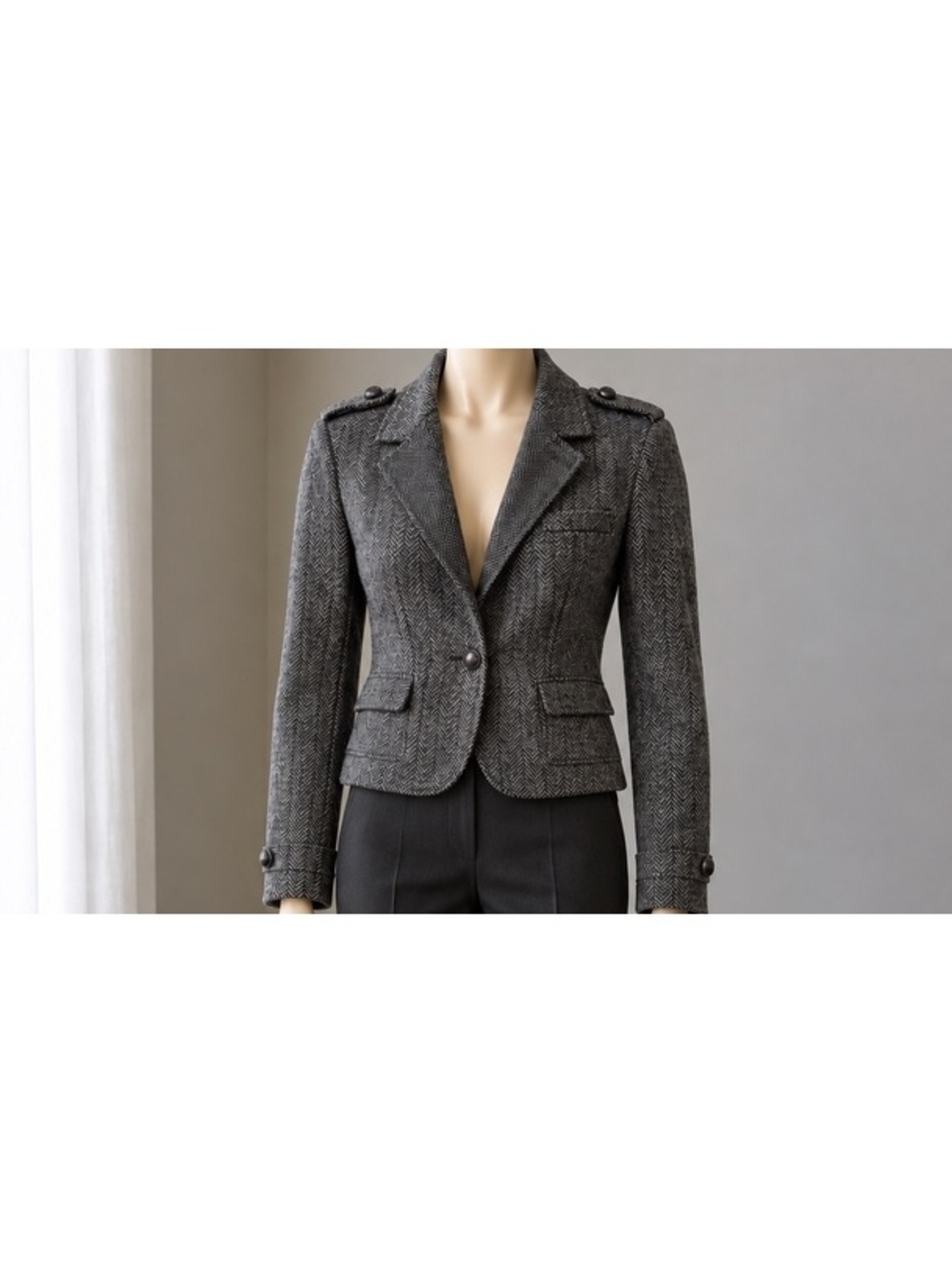 American Eagle Outfitters Womens L Gray Herringbone Wool Blend Cropped Blazer